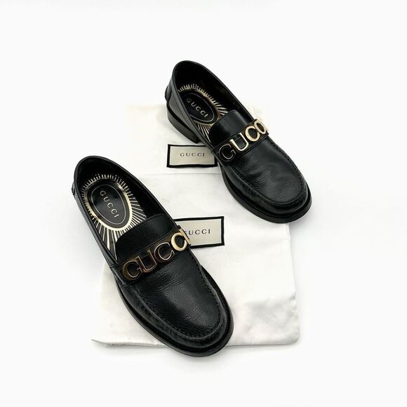 GUCCI Cara Signature Letters Logo Black Loafers Size 37.5 Leather Flat Shoes - Picture 3 of 14